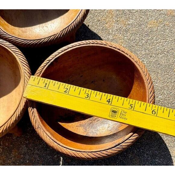 Vintage Monkey Pod Wood Salad Bowl Set Hand Carved Triple Feet Water Buffalo - Picture 4 of 10
